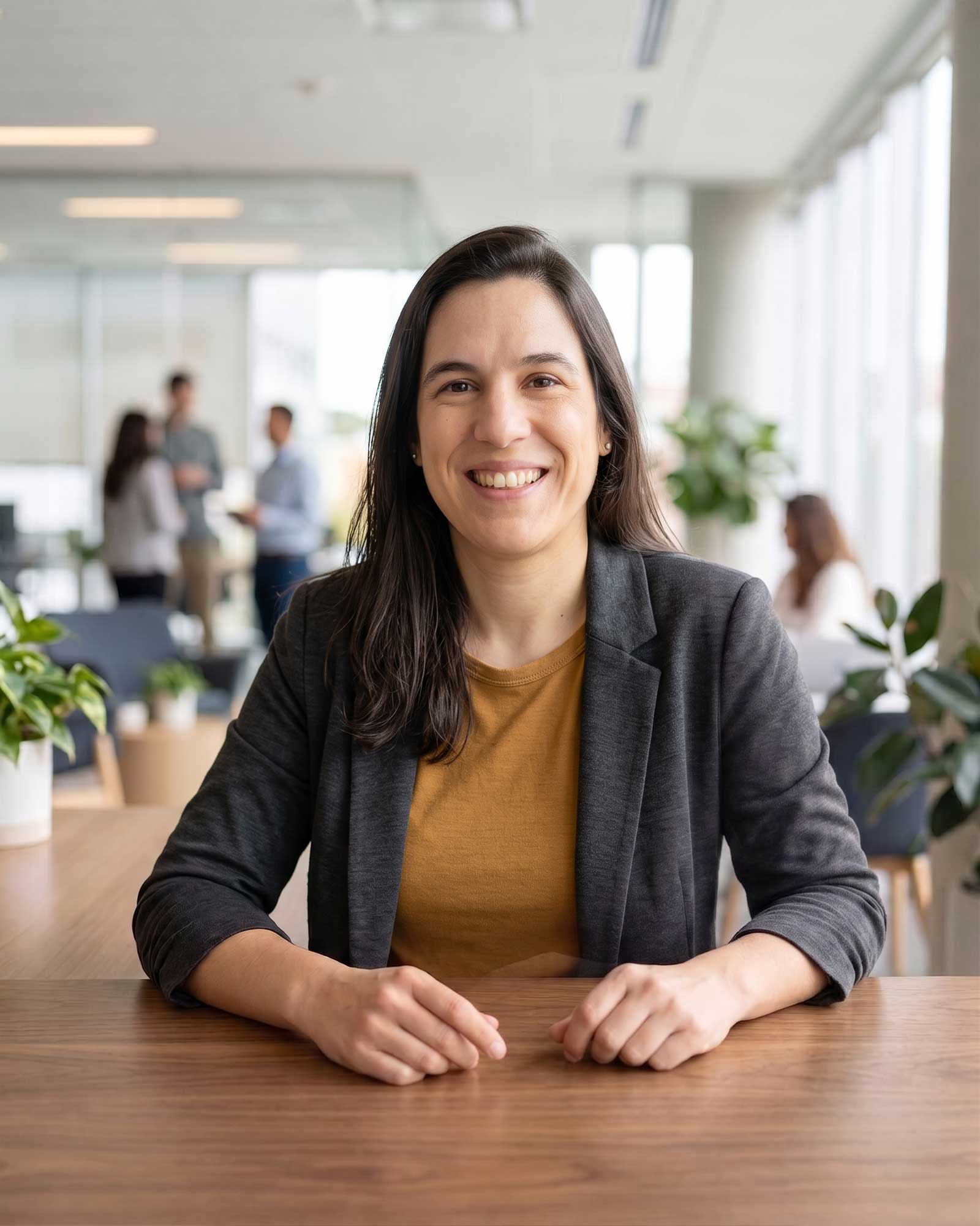 Rebeca Barrios — About Rebeca Barrios, HR and global mobility leader, seated in a collaborative workspace