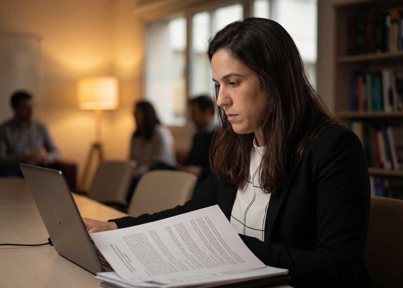HR professional reviewing international scholar visa sponsorship paperwork, illustrating onboarding international scholars