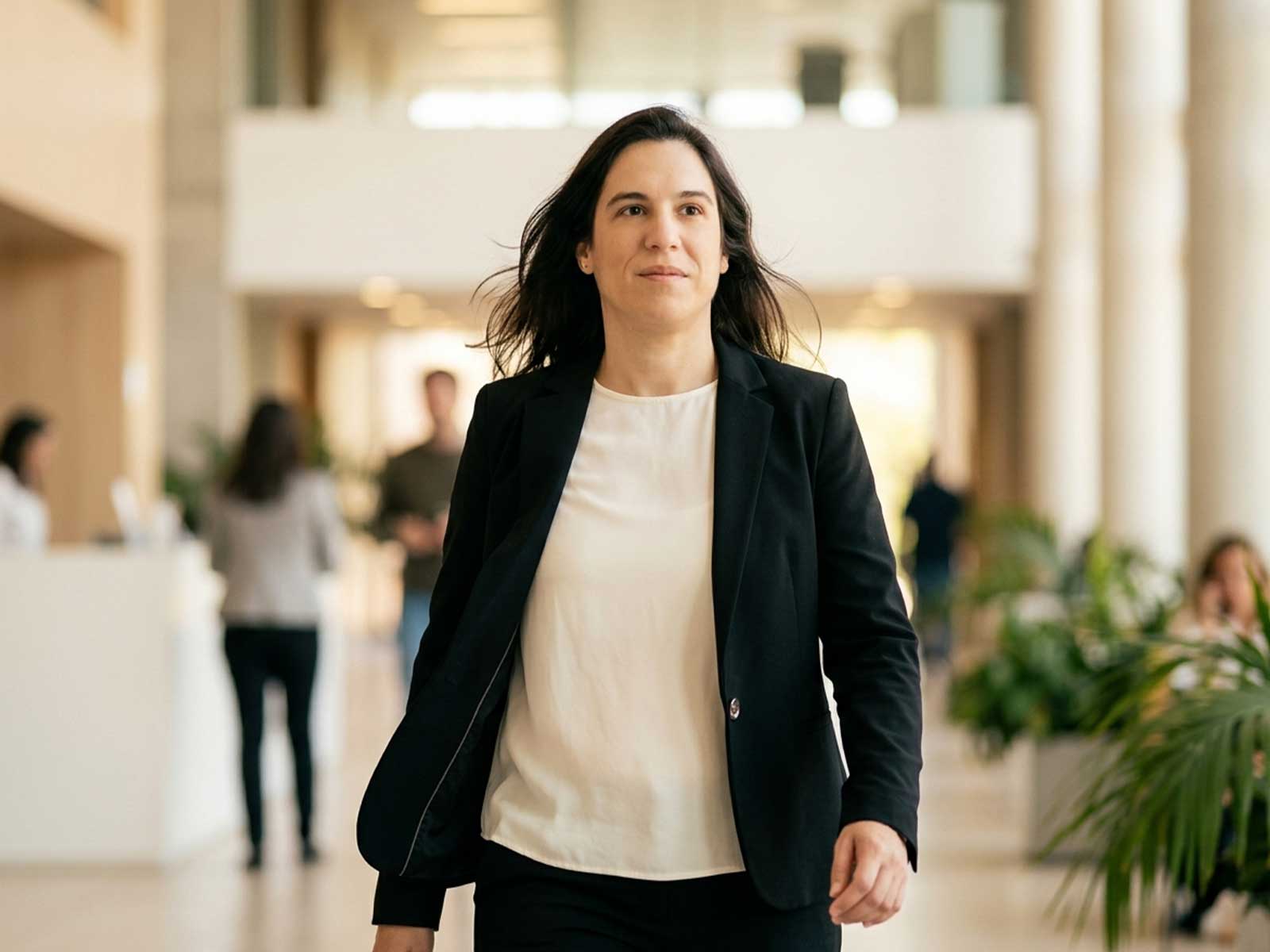 Rebeca Barrios walking through a research-center hallway