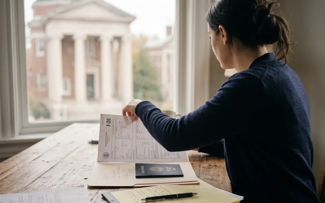 A professional reviews international student and exchange-visitor visa paperwork at a desk, representing the court ruling on the duration-of-status immigration rule.