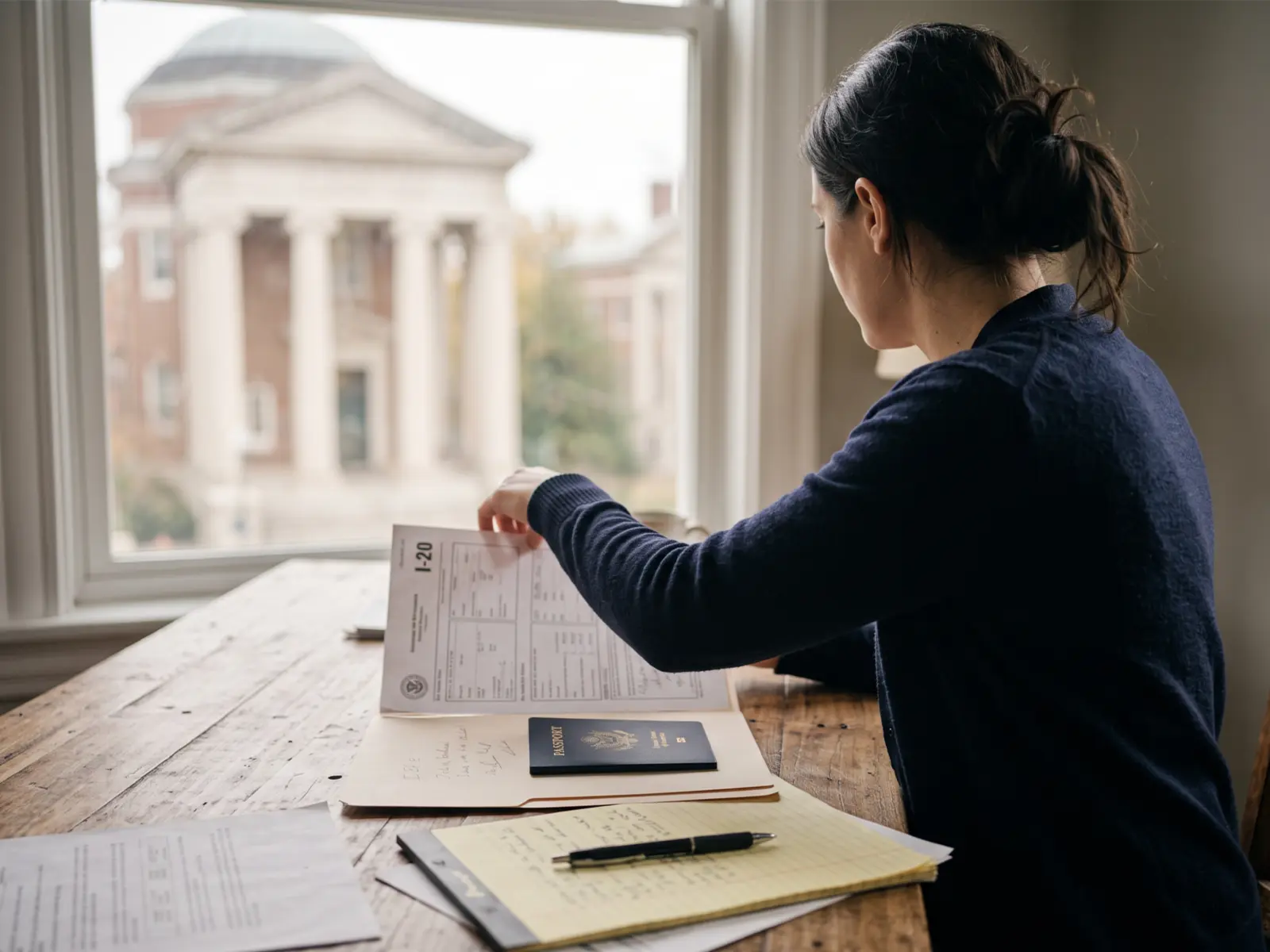 A professional reviews international student and exchange-visitor visa paperwork at a desk, representing the court ruling on the duration-of-status immigration rule.