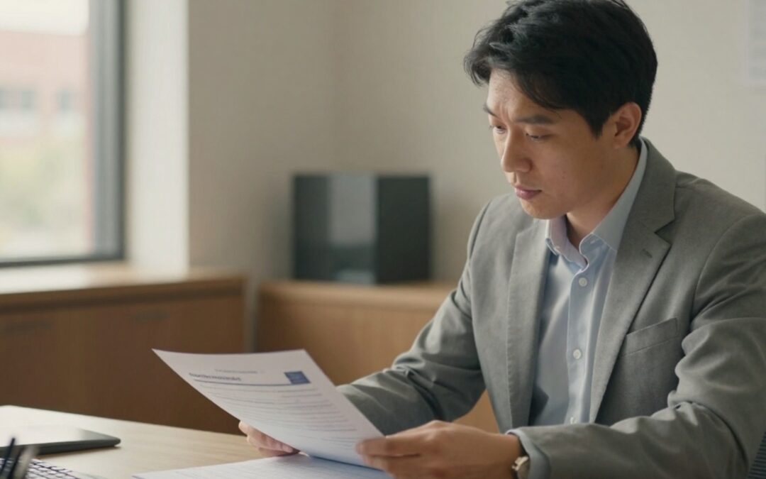 An HR administrator reviews international hiring paperwork in a university office, representing H-1B visa and immigration compliance work in higher education.