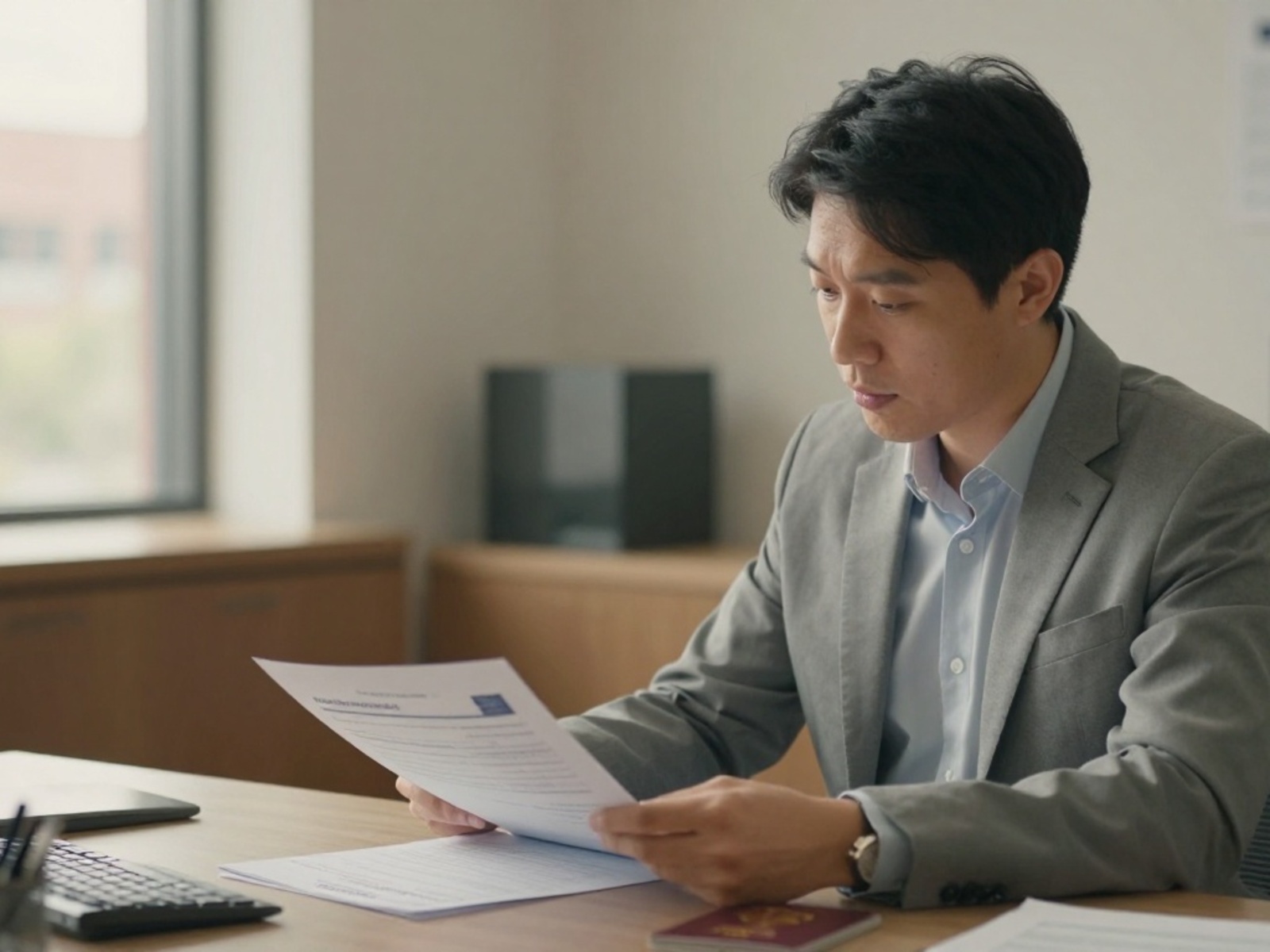 An HR administrator reviews international hiring paperwork in a university office, representing H-1B visa and immigration compliance work in higher education.